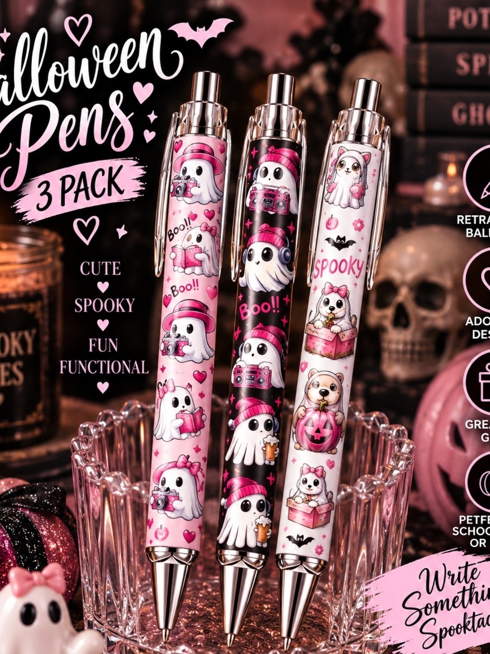 Halloween Ghosts 3-Pack Ballpoint Pens - Pink